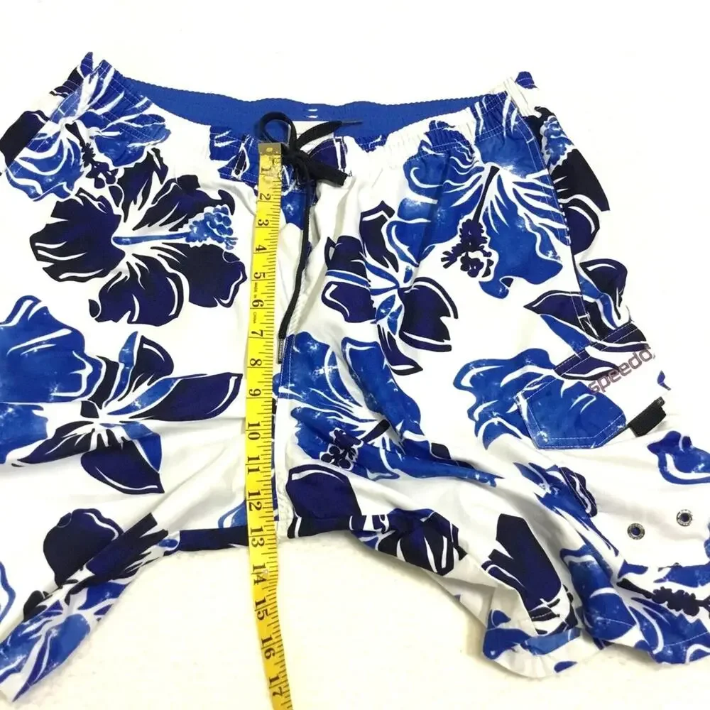 Speedo Swim Shorts Men's Blue/White Floral Aloha Lace Up Size M